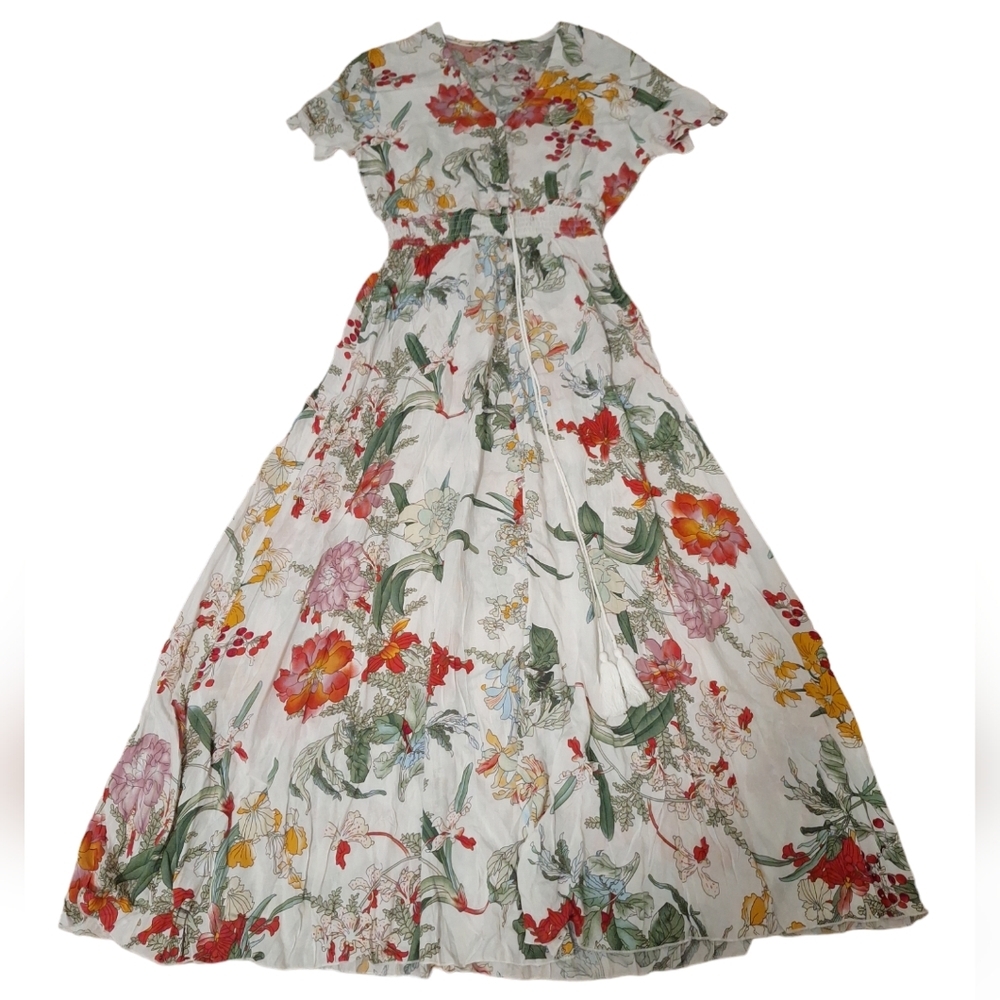 Floral Print Short Sleeve Flowy Maxi Dress S
